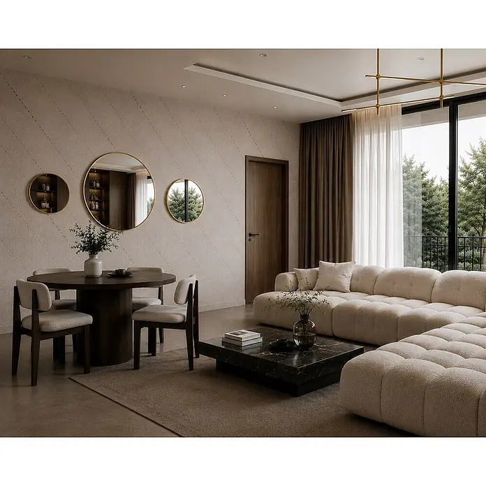 Cordia Rahmenspiegel - 60 x 60 cm, Gold, Aluminium - Ein modernes Wohnzimmer mit cremefarbenem Modulsofa, dunklem Holzesstisch und schwarzem Marmor-Couchtisch.