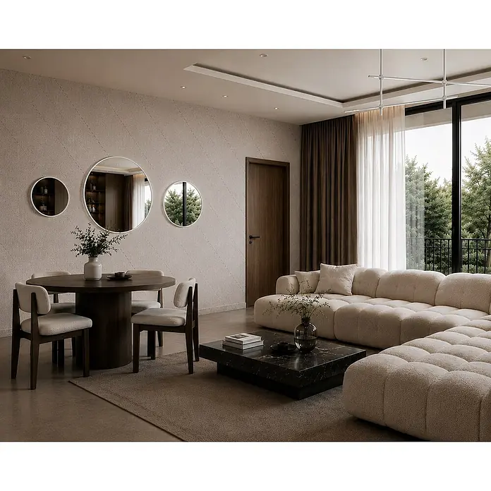 Cordia Rahmenspiegel - 40 x 40 cm, Weiß, Aluminium - Modernes Wohn- und Esszimmer mit cremefarbenem Modulsofa, dunklem Marmor-Couchtisch und runder Essecke.