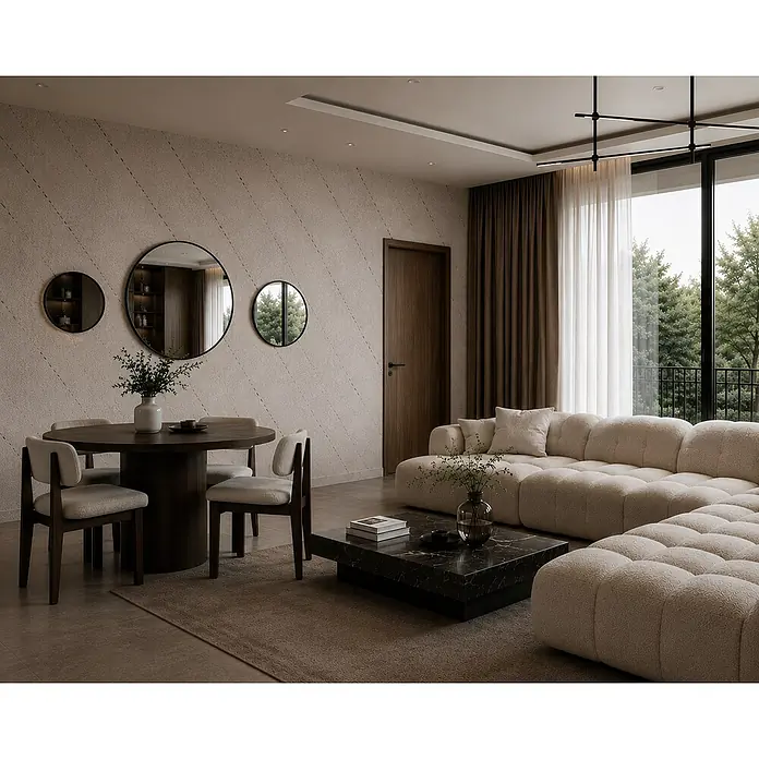 Cordia Rahmenspiegel - 60 x 60 cm, Schwarz, Aluminium - Moderner Wohn-Essbereich mit hellem beigem Modulsofa, schwarzem Marmor-Couchtisch und dunklem Holz-Esszimmergarnitur, mit dezenten Mustern.