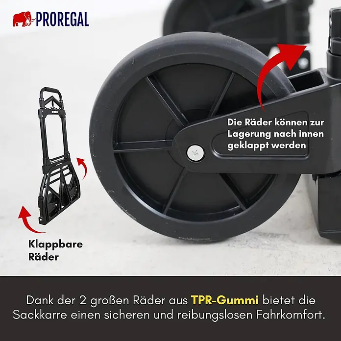 Proregal Sackkarre ELEPHANT 150 aus Aluminium mit klappbarer Schaufel & Vollgummibereifung - Aluminium, Traglast: 150 kg - Schwarze klappbare Sackkarre mit großen TPR-Gummirädern für sicheren und reibungslosen Transport.