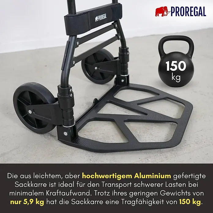 Proregal Sackkarre ELEPHANT 150 aus Aluminium mit klappbarer Schaufel & Vollgummibereifung - Aluminium, Traglast: 150 kg - Schwarze Aluminium-Sackkarre (5,9 kg) mit 150 kg Tragfähigkeit für schwere Lasten.