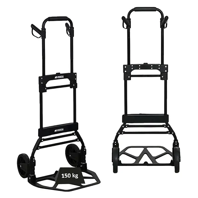 Proregal Sackkarre ELEPHANT 150 aus Aluminium mit klappbarer Schaufel & Vollgummibereifung - Aluminium, Traglast: 150 kg - Schwarze klappbare Sackkarre mit 150 kg Tragkraft, aus zwei Winkeln gezeigt. Mit ergonomischen Griffen und robusten Rädern.