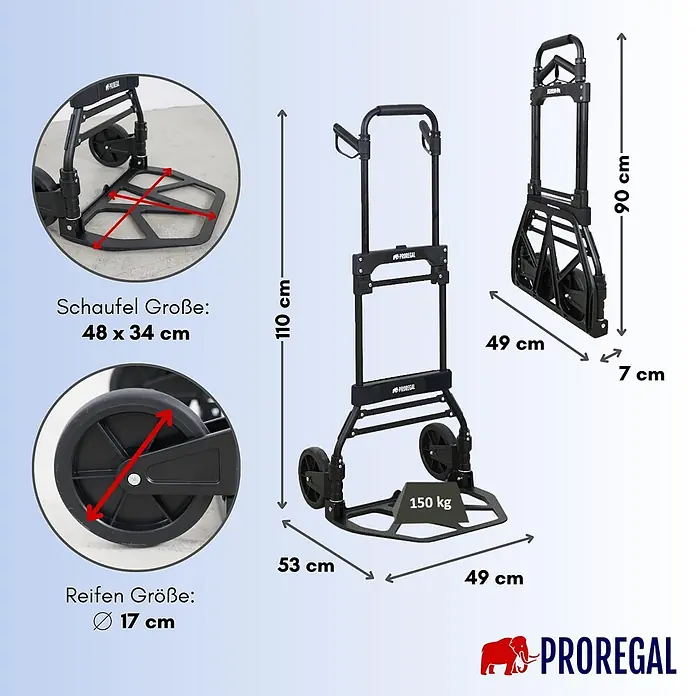 Proregal Sackkarre ELEPHANT 150 aus Aluminium mit klappbarer Schaufel & Vollgummibereifung - Aluminium, Traglast: 150 kg - Schwarze klappbare Sackkarre mit Abmessungen und 150 kg Tragfähigkeit.