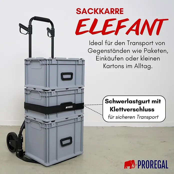Proregal Sackkarre ELEPHANT 150 aus Aluminium mit klappbarer Schaufel & Vollgummibereifung - Aluminium, Traglast: 150 kg - Graue klappbare Sackkarre mit drei gestapelten grauen Kisten, gesichert mit schwarzem Gurt, bereit zum Transport. Schwarze Räder und Griff.