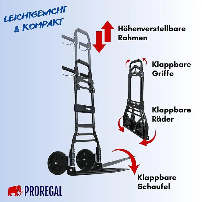 Proregal Sackkarre ELEPHANT 150 aus Aluminium mit klappbarer Schaufel & Vollgummibereifung - Aluminium, Traglast: 150 kg - Schwarze klappbare Sackkarre mit höhenverstellbarem Rahmen, klappbaren Griffen, Rädern und Schaufel.