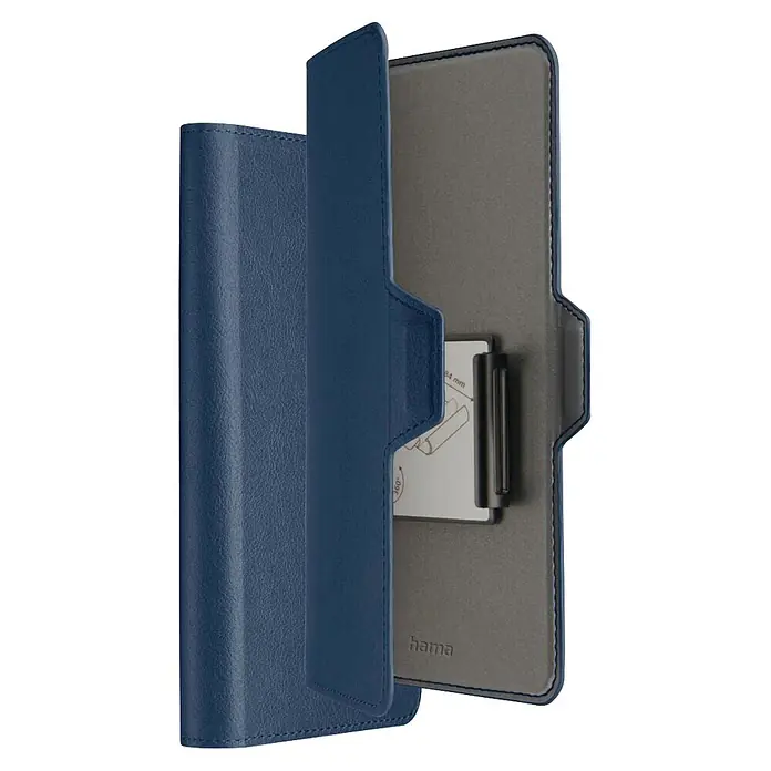 Hama Smartphone-Tasche 00118896 Universal für Handygröße 80 x 170 cm 3 Fächer - Blau - Offene blaue Tablethülle mit genarbter Außenseite und grauem Inneren, die Produktdetails, ein Diagramm und das 'hama' Logo zeigt.