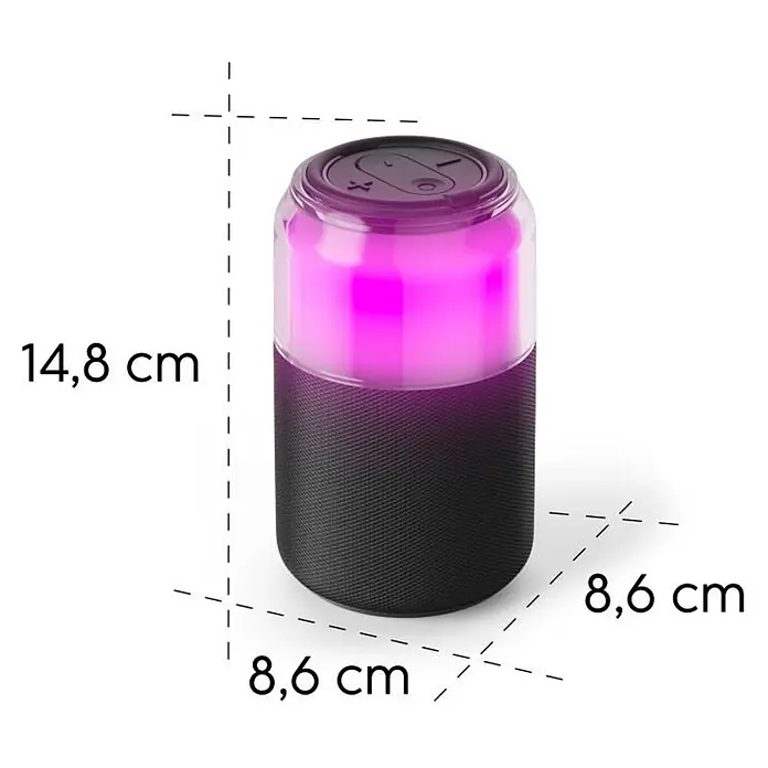 Hama Bluetooth-Lautsprecher "Can Speaker" - Schwarz - Zylindrischer Lautsprecher mit dunkelgrauem Stoffboden und leuchtender violetter Oberseite, mit dunklen Bedientasten.