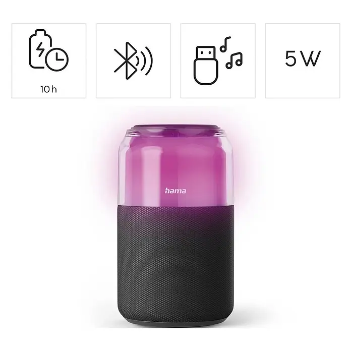 Hama Bluetooth-Lautsprecher "Can Speaker" - Schwarz - Zylindrischer Hama-Lautsprecher mit schwarzem Textilfuß und leuchtendem violetten Oberteil. Mit 10h Akku, Bluetooth, USB, 5W Leistung.