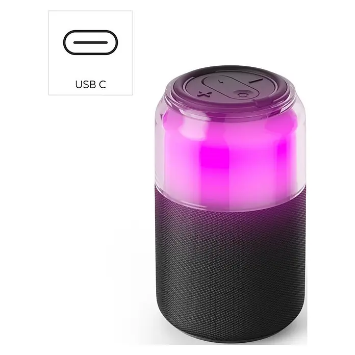 Hama Bluetooth-Lautsprecher "Can Speaker" - Schwarz - Zylindrischer portabler Lautsprecher mit schwarzem Stofffuß, leuchtender violetter Oberseite und USB-C-Kompatibilität.
