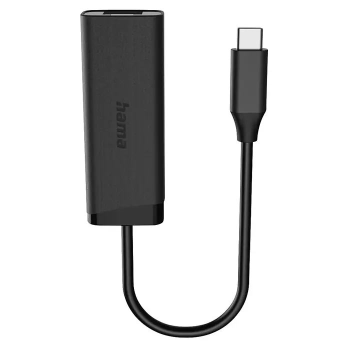Hama Netzkabel USB 2.0 1x USB-C - 1x RJ45-Buchse - Schwarz - Schwarzer USB-C-Adapter mit kurzem Kabel und rechteckigem Gehäuse.