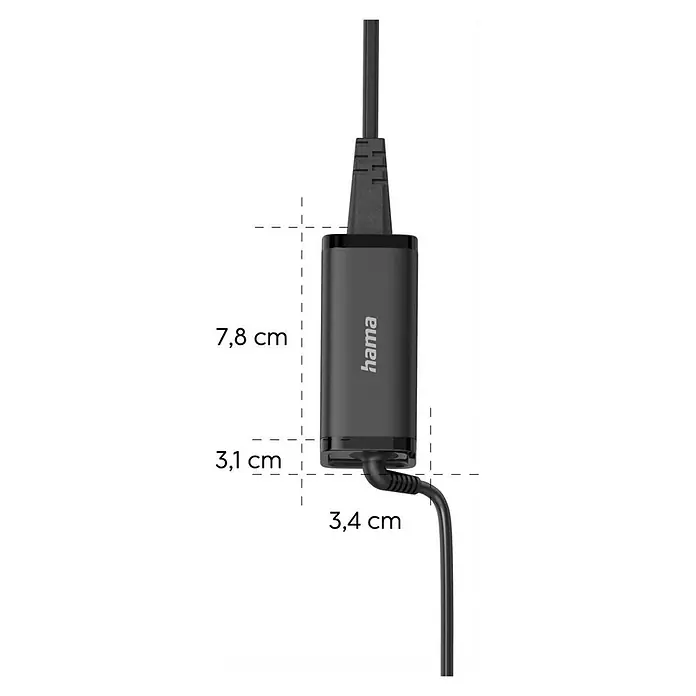 Hama Ladegerät 00200023 GaN Power Delivery - PD - Schwarzer, rechteckiger Hama-Adapter mit Kabeln, Maße 7,8 x 3,1 x 3,4 cm.
