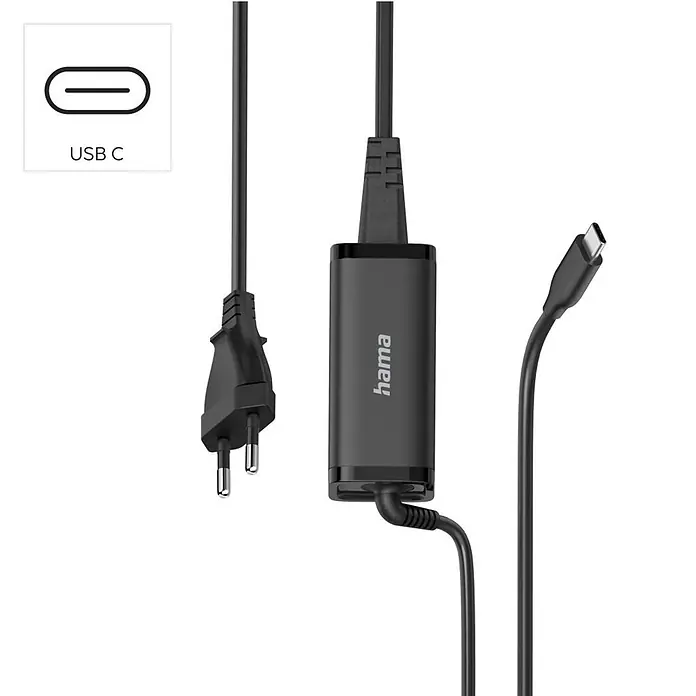 Hama Ladegerät 00200023 GaN Power Delivery - PD - Schwarzes Hama USB-C Netzteil mit zweipoligem Stecker und USB-C Anschluss. USB-C Kompatibilitätssymbol enthalten.