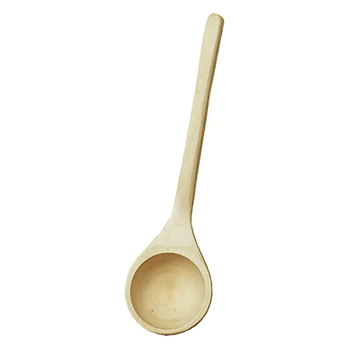 Karibu Schöpfkelle Classic - Holz, 140 ml - Nahaufnahme eines hölzernen Kochlöffels, der durch seine natürliche Holzfarbe und die runde Laffe besticht.