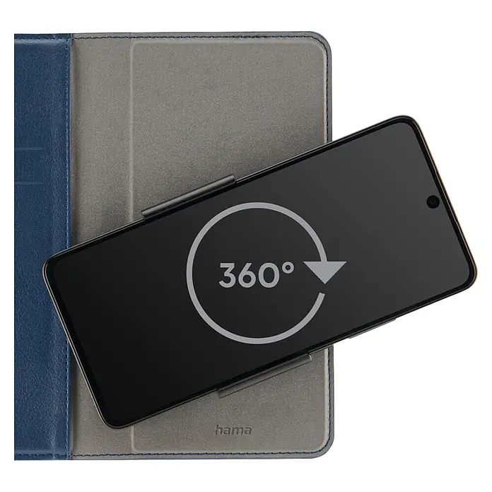 Hama Smartphone-Tasche 00118896 Universal für Handygröße 80 x 170 cm 3 Fächer - Blau - Schwarzes Smartphone mit 360°-Symbol auf blaugrauer Tablet-Hülle, die als Ständer dient.