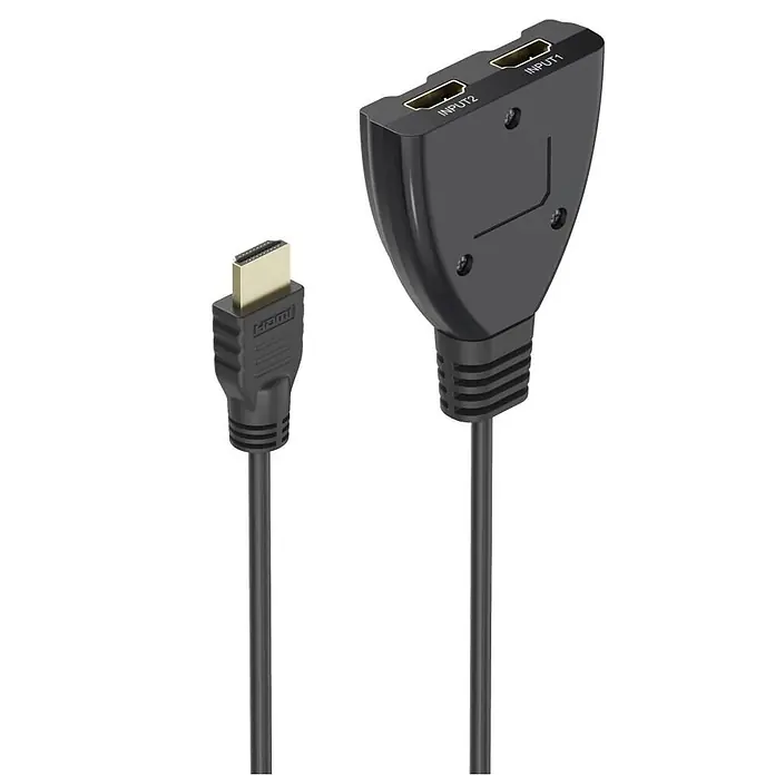 Hama HDMI-Kabel 00205323 4K 2x1 2x HDMI-Buchse - 1x HDMI-Stecker - Schwarz, 18 Gbit/s - Schwarzes HDMI-Splitterkabel mit zwei Eingangsanschlüssen und einem Ausgangsstecker.