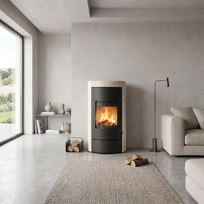 Kaminofen Ignis - 8 kW, Raumheizvermögen: 224 m³, Beige - Moderner Holzofen mit hellem Gehäuse und schwarzer Front, brennende Holzscheite.