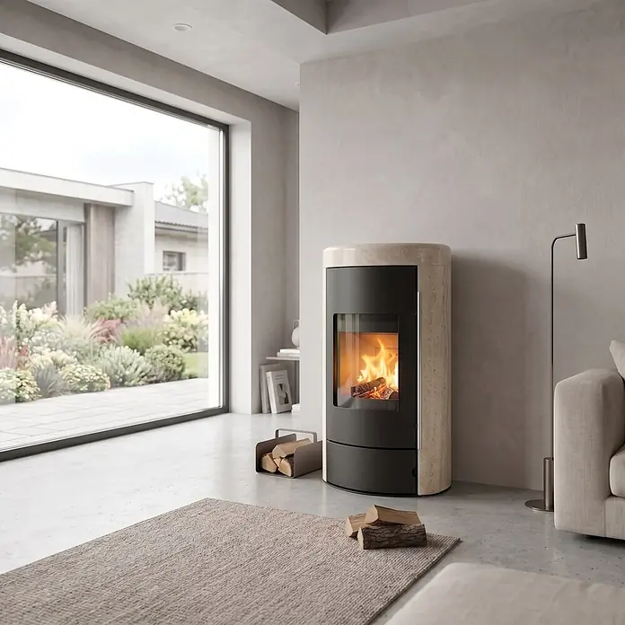 Kaminofen Ignis - 8 kW, Raumheizvermögen: 224 m³, Beige - Moderner Holzofen mit hellem Steingehäuse und schwarzem Metall, brennendes Holz in einem modernen Wohnzimmer.