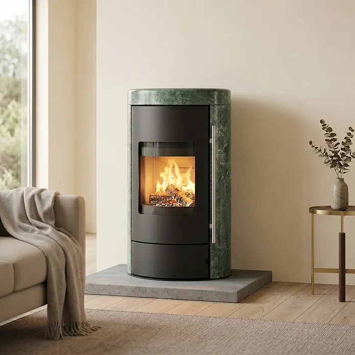 Kaminofen Ignis - 8 kW, Raumheizvermögen: 224 m³, Grün - Moderner Holzofen mit grüner Marmorverkleidung und schwarzer Front, Glasfenster mit brennenden Holzscheiten im Wohnzimmer.
