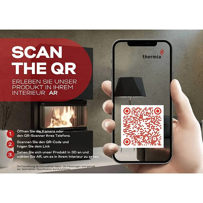 Kaminofen Ignis - 8 kW, Raumheizvermögen: 224 m³, Grün - Schwarzer Kaminofen, dargestellt in Augmented Reality über ein Smartphone, per QR-Code für die Heimintegration scanbar.