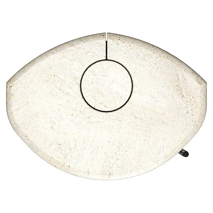 Kaminofen Ignis - 8 kW, Raumheizvermögen: 224 m³, Beige - Heller, gesprenkelter Steintisch in Ovalform mit schwarzem kreisförmigem Ausschnitt und Mittellinie. Ein schwarzes Bein ist sichtbar.