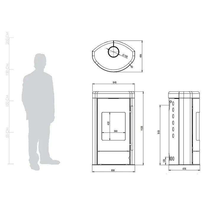 Kaminofen Ignis - 8 kW, Raumheizvermögen: 224 m³, Beige - Technische Zeichnung eines modernen Holzofens mit Maßen und einer Person zum Größenvergleich.