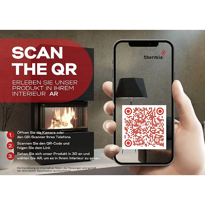 Kaminofen Ignis - 8 kW, Raumheizvermögen: 224 m³, Beige - Hand hält Smartphone mit rotem QR-Code für AR-Produktvorschau.