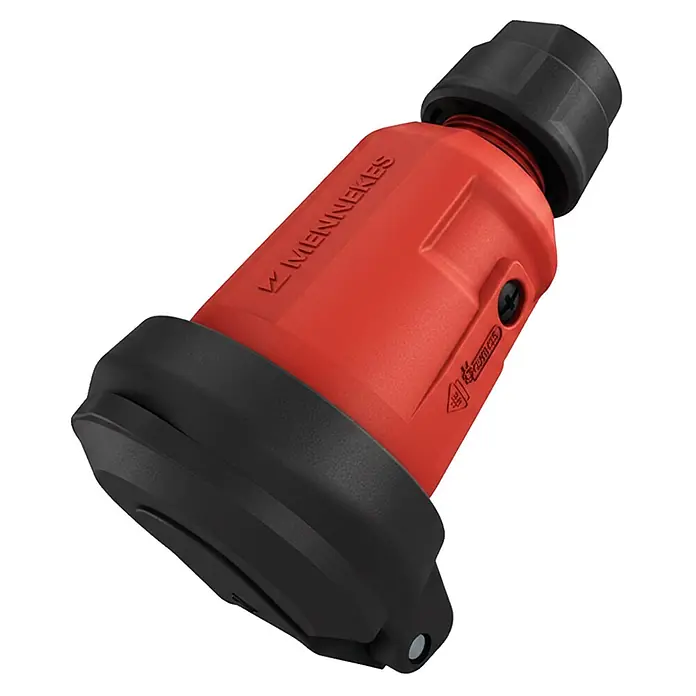 Mennekes Kupplung Schuko 158061 IP54 16A - Kunststoff, Rot - Rot-schwarzer Mennekes Industriestecker/Verbinder für elektrische Hochleistungsanwendungen.