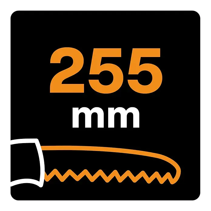 Fiskars Hand-Astsäge Xtract SW75 - Länge: 33 cm, Max. Aststärke: 220 mm, Kunststoff, Orange/Schwarz - Symbol für Sägeblattlänge: orange '255', weiß 'mm' und ein orangefarbenes Sägeblatt mit weißem Griffumriss.