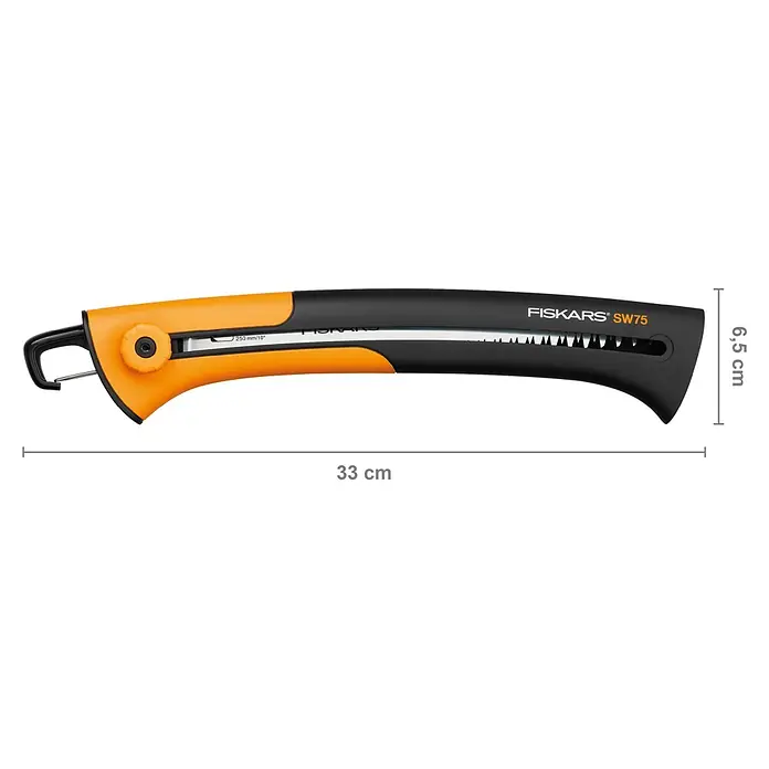 Fiskars Hand-Astsäge Xtract SW75 - Länge: 33 cm, Max. Aststärke: 220 mm, Kunststoff, Orange/Schwarz - Orange-schwarze Fiskars SW75 Klappsäge, 33 cm lang und 6,5 cm hoch, mit eingezogener Klinge.