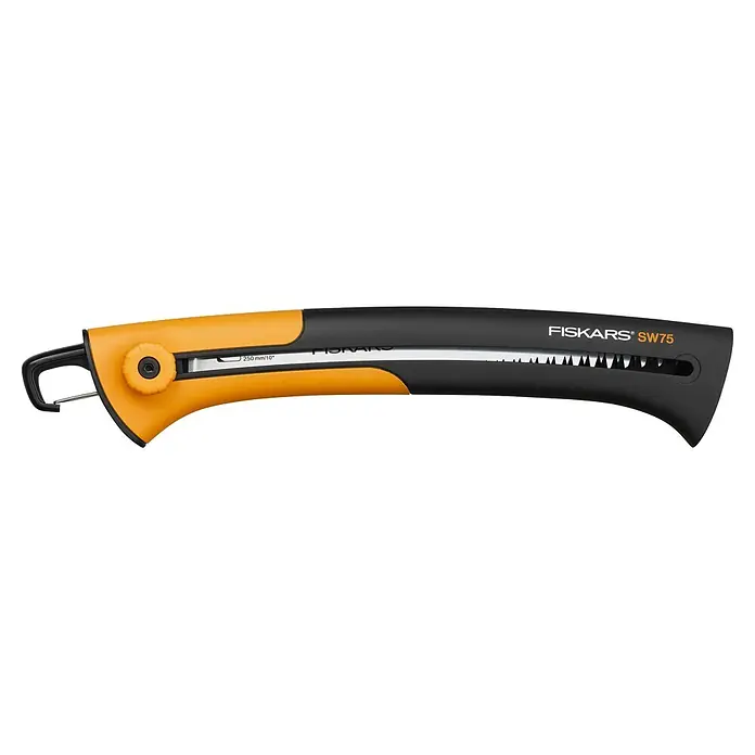 Fiskars Hand-Astsäge Xtract SW75 - Länge: 33 cm, Max. Aststärke: 220 mm, Kunststoff, Orange/Schwarz - Fiskars SW75 Klappsäge mit schwarzem und gelbem Griff und silberner Klinge.