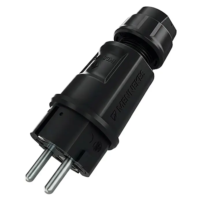Mennekes Stecker Schuko 152072 IP54 16A - Schwarz - Schwarzer Mennekes Industriestecker Schuko mit zwei Rundstiften und Zugentlastung.