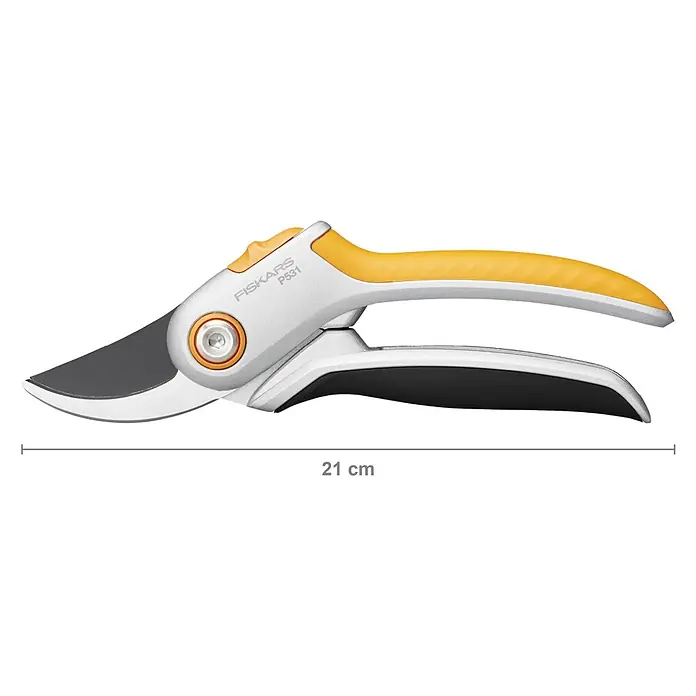 Fiskars Plus Gartenschere P531 - Bypass, Max. Aststärke: 24 mm - Fiskars P531 Bypass-Gartenschere, silbern mit gelb-schwarzen ergonomischen Griffen, 21 cm lang.