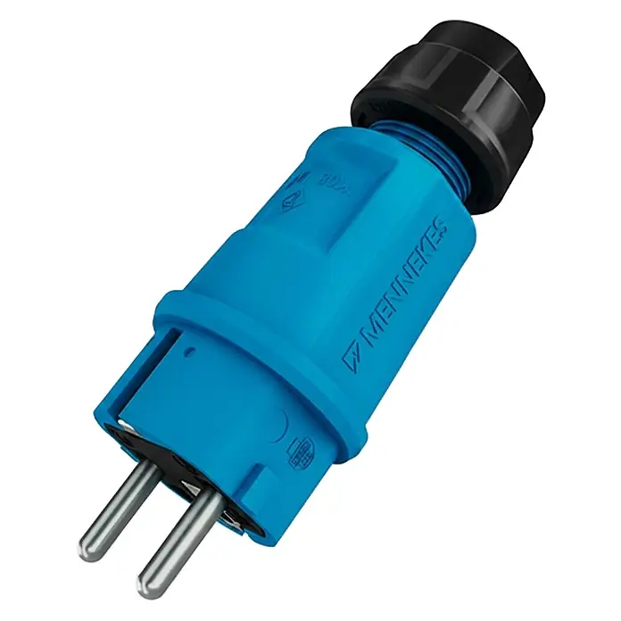 Mennekes Stecker Schuko 152092 IP54 16A - Blau - Blauer Industriestecker mit zwei Stiften und schwarzer Kabelverschraubung.