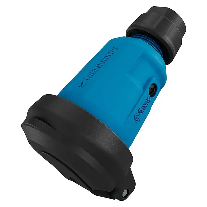 Mennekes Kupplung Schuko 158091 IP54 16A - Kunststoff, Blau - Blauer und schwarzer Mennekes Industriestecker aus robustem Kunststoff, für elektrische Verbindungen.