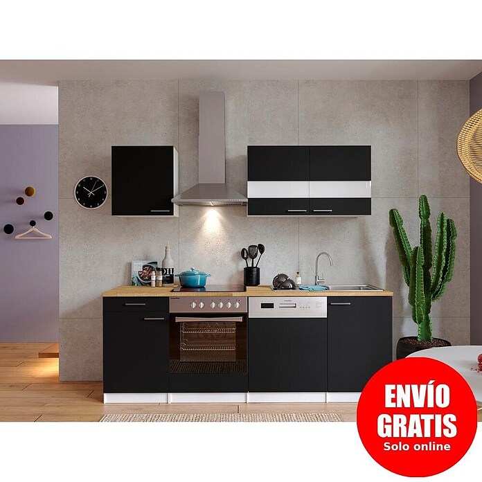 Respekta Composición de cocina (Ancho: 220 cm, Con dispositivos eléctricos, Negro)