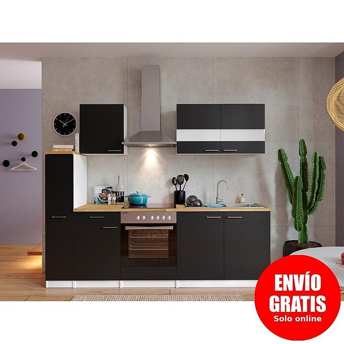 Respekta Composición de cocina (Ancho: 240 cm, Con dispositivos eléctricos, Negro)