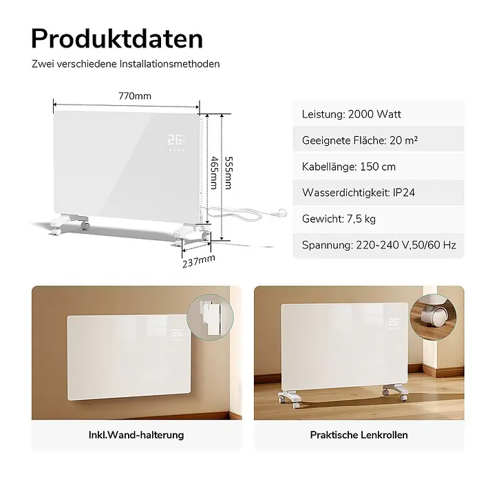 Emke Heizlüfter ERG - 2 kW, Weiß, IP24 - Weißer Elektro-Paneelheizer mit Digitalanzeige, freistehend auf Rollen und wandmontiert dargestellt. Maße und Produktdaten sind sichtbar.
