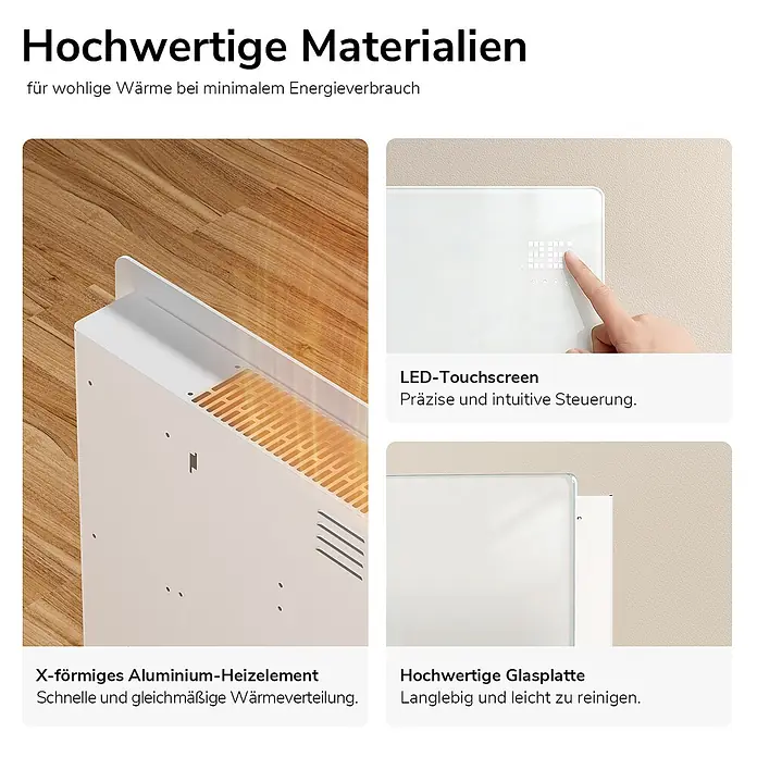 Emke Heizlüfter ERG - 2 kW, Weiß, IP24 - Weißes Heizgerät mit LED-Touchscreen, X-förmigem Aluminium-Heizelement und hochwertiger Glasplatte.
