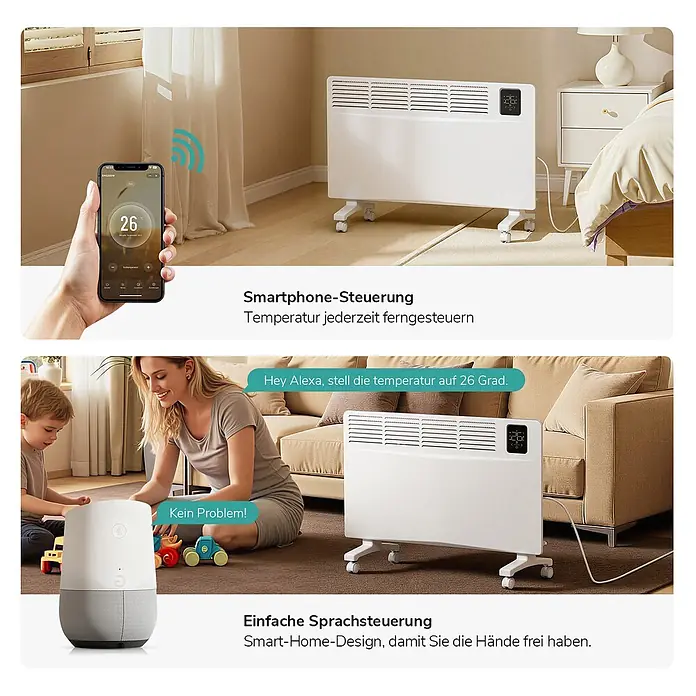 Emke Heizlüfter ERF - 2 kW, Weiß, IP24 - Weißer smarter Elektroheizer mit Digitalanzeige, per Smartphone und Sprachassistent im Zuhause gesteuert.