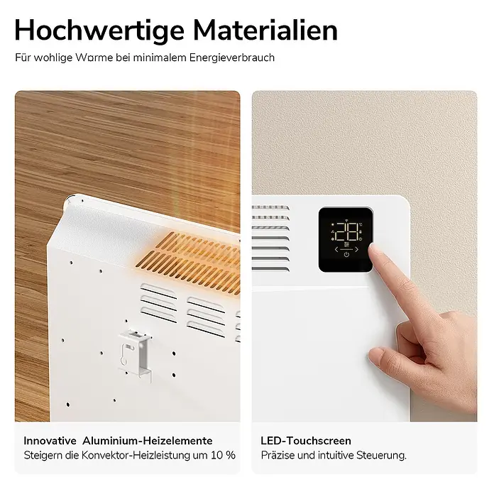 Emke Heizlüfter ERF - 2 kW, Weiß, IP24 - Weißer Elektro-Konvektorheizer mit Aluminium-Heizelementen, die Wärme abgeben. LED-Touchscreen zeigt 28°C und wird von einem Finger bedient.