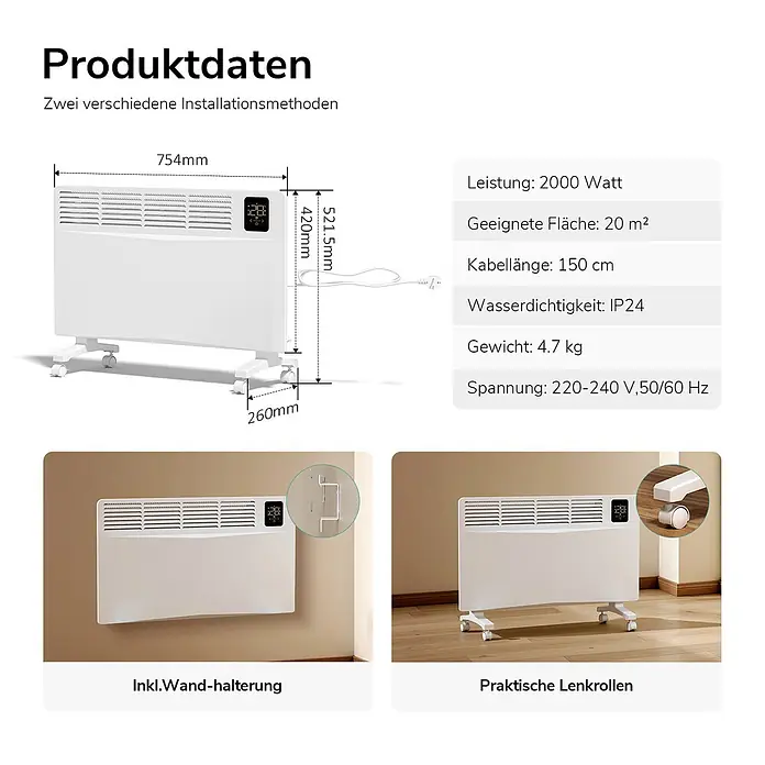 Emke Heizlüfter ERF - 2 kW, Weiß, IP24 - Weißer elektrischer Paneelheizer mit Digitalanzeige, mit Maßen und zwei Installationsmethoden: Wandmontage und mit praktischen Rollen.