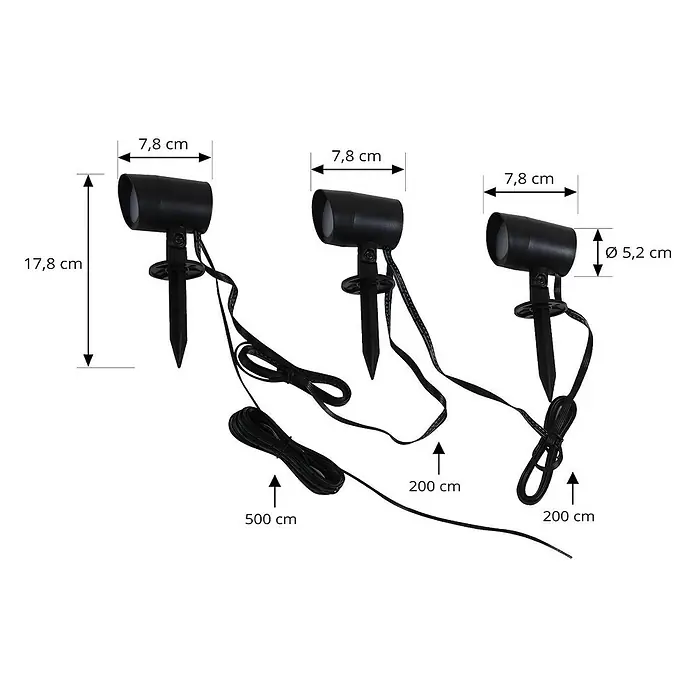 Lindby Erdspießleuchte Nycta -  - Set von drei schwarzen Gartenspots mit Erdspießen und Verbindungskabeln. Jeder Spot: 7,8 cm lang, 5,2 cm Durchmesser; Gesamthöhe 17,8 cm.