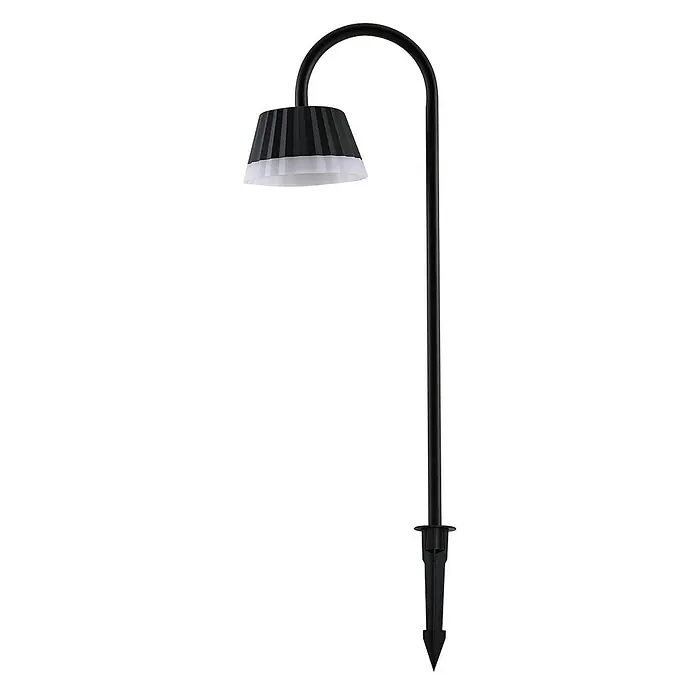 Lindby Erdspießleuchte Ameline - 77,2 cm - Schwarze Outdoor-Wegeleuchte mit gebogenem Stiel und plissiertem Schirm mit weißem Diffusor, ausgestattet mit einem Erdspieß zur Installation.