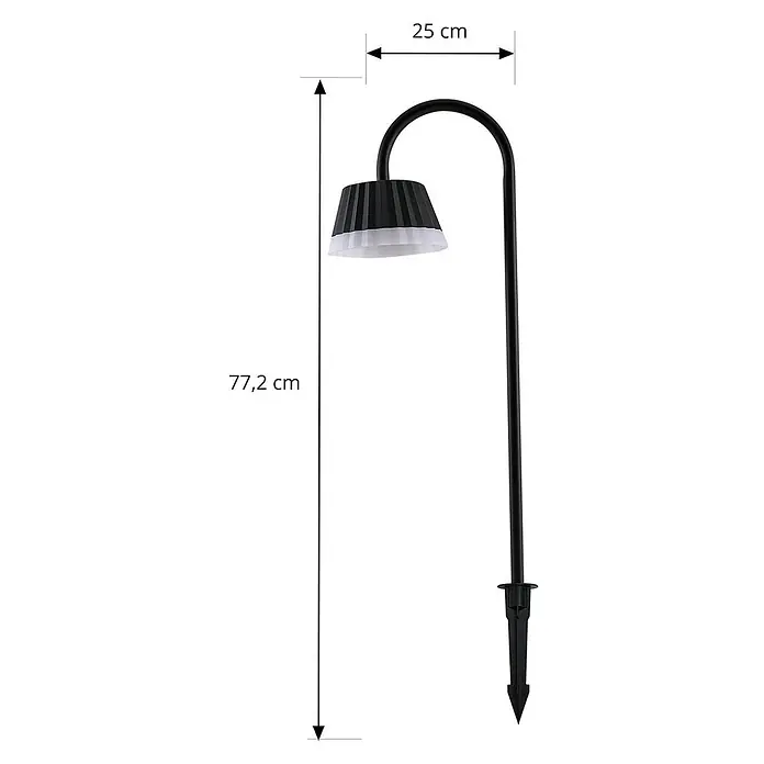 Lindby Erdspießleuchte Ameline - 77,2 cm - Schwarze Gartenwegleuchte mit plissiertem schwarz-weißem Schirm, gebogenem Hals und Erdspieß. 77,2 cm hoch, 25 cm breit.