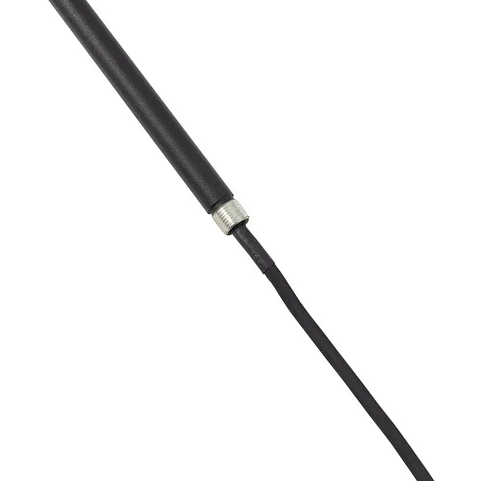 Lindby Erdspießleuchte Darleen -  - Schwarzes Kabel, das mit einem silbernen Gewindefuß und einer schwarzen Antennenstange verbunden ist, mit Schrumpfschlauch gesichert.
