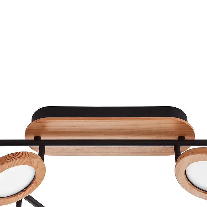 Lindby Deckenstrahler Manel - L x B x H: 152 x 13 x 25 cm, Holz hell, Holz hell - Nahaufnahme einer modernen Deckenleuchte mit schwarzem Metallsockel und hellen Holzakzenten. Sie hat mehrere runde Strahler mit Holzrahmen.