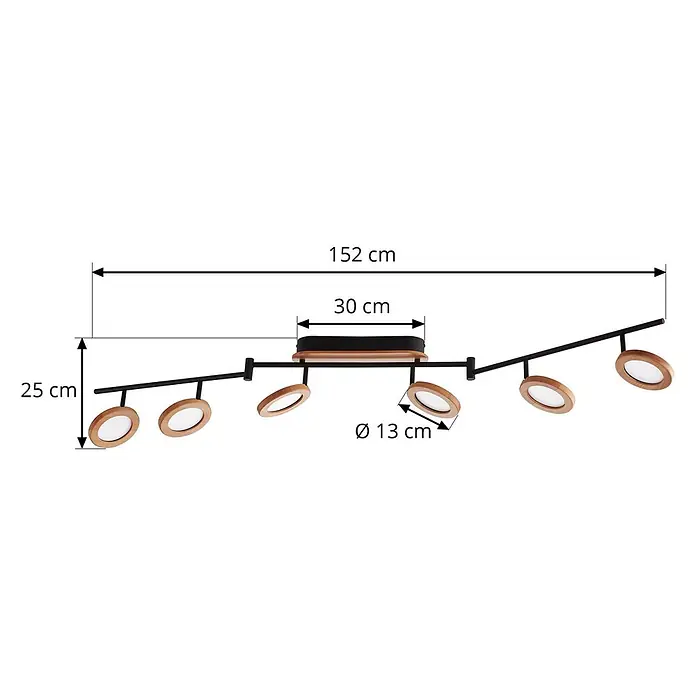 Lindby Deckenstrahler Manel - L x B x H: 152 x 13 x 25 cm, Holz hell, Holz hell - Schwarze Deckenleuchte mit 6 Strahlern und Holzdetails, 152 cm lang und 25 cm hoch. Strahler-Ø 13 cm.