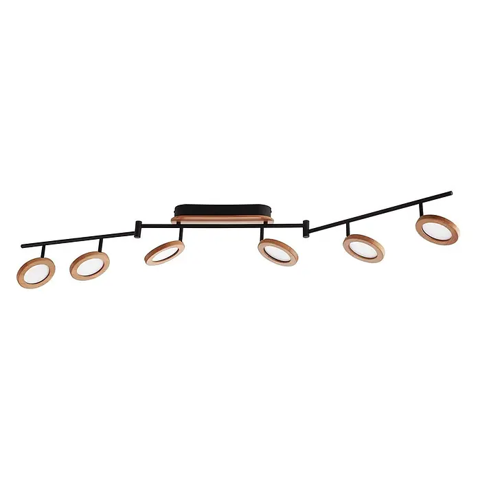 Lindby Deckenstrahler Manel - L x B x H: 152 x 13 x 25 cm, Holz hell, Holz hell - Moderne Deckenstrahlerleiste aus schwarzem Metall mit Holz Akzenten, mit sechs verstellbaren, runden Lichtern.