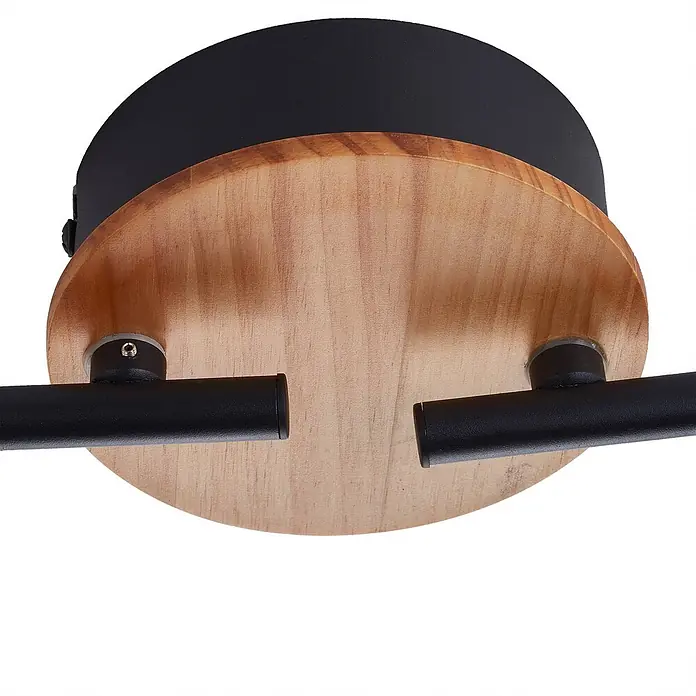 Lindby Deckenstrahler Manel - Holz hell, Holz hell - Schwarzmetall- und hellholz-Deckenhalterung mit zwei schwarzen Armen.