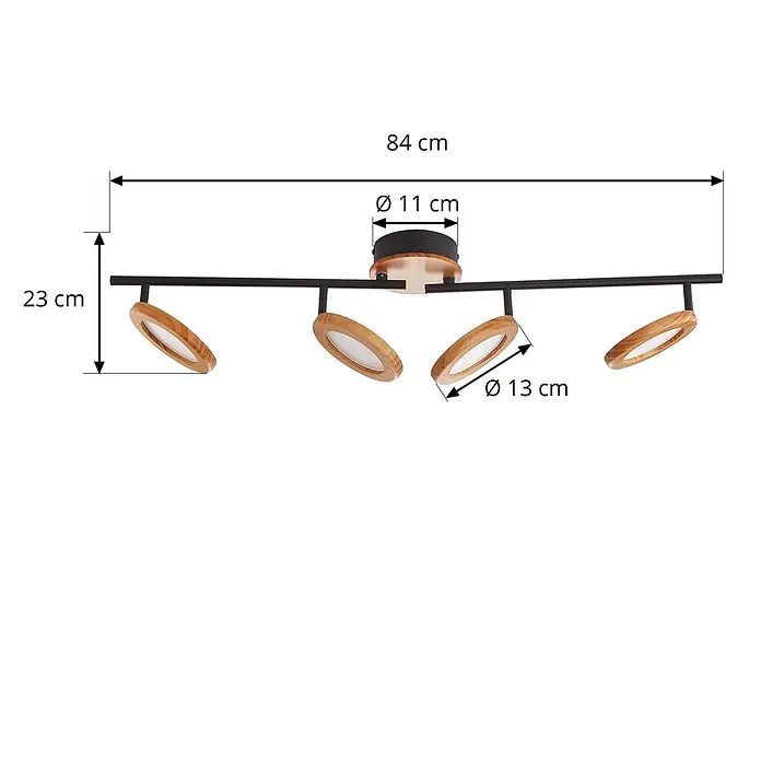 Lindby Deckenstrahler Manel - Holz hell, Holz hell - Schwarze Metall-Deckenleuchte mit vier Strahlern und Akzenten aus Naturholz. Länge 84 cm.